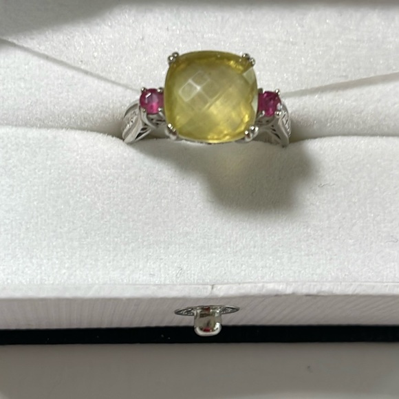 Peridot and pink tourmaline ring set in 14k white gold - Picture 1 of 6